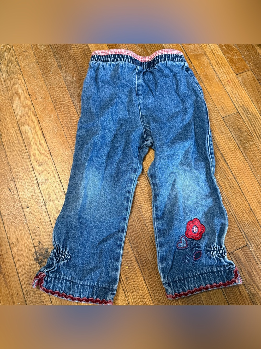 Miniwear Vintage Baby Girl’s Blue Jeans with Red Floral Accent - Size 24 Months